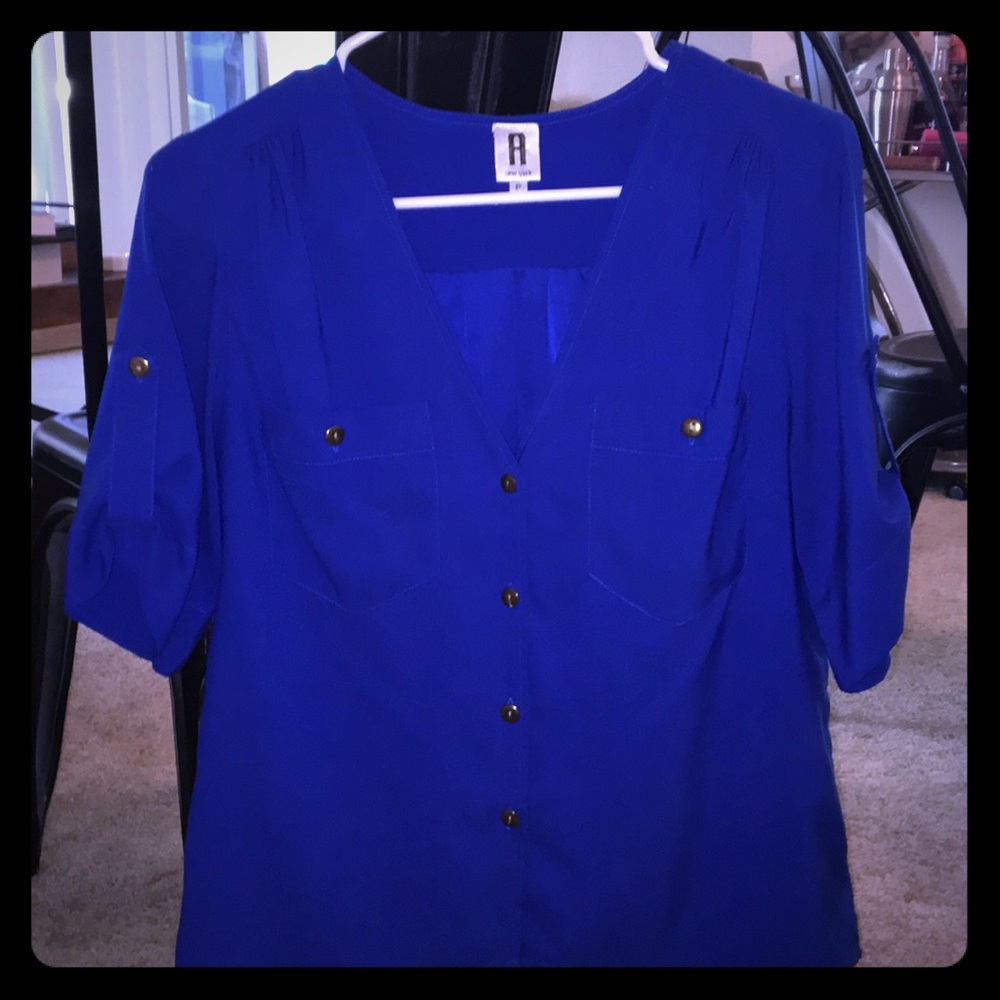Royal blue v neck button down blouse